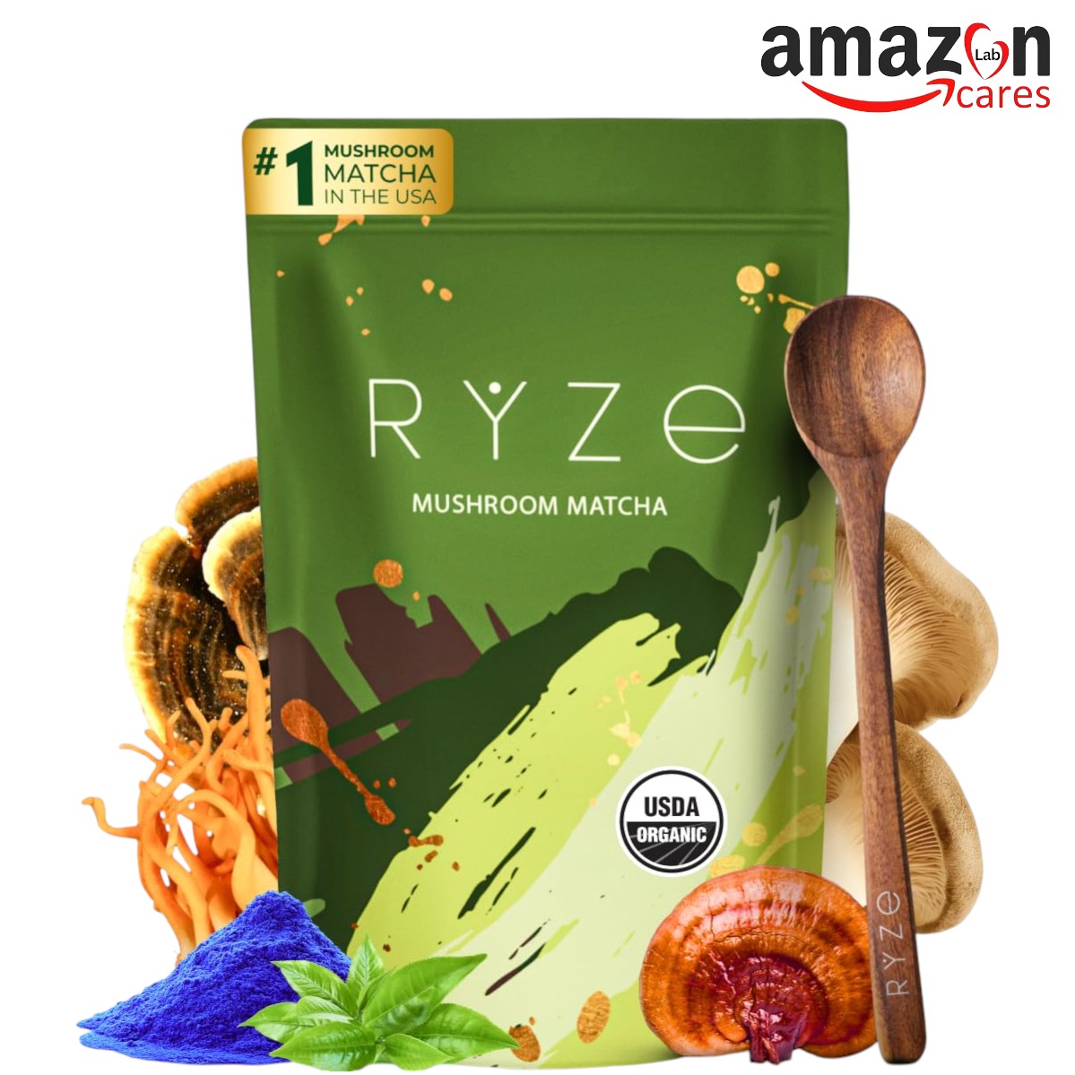 RYZE Mushroom Matcha, USDA Organic with 6 Adaptogenic Mushrooms - 30 servings