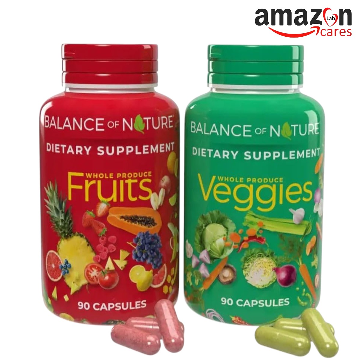 Balance of Nature Fruits & Veggies Supplements - Whole Fruit and Vegetable Ingredients for Women, Men, and Kids - 90 Fruits Capsules, 90 Veggies Capsules - 1 Set