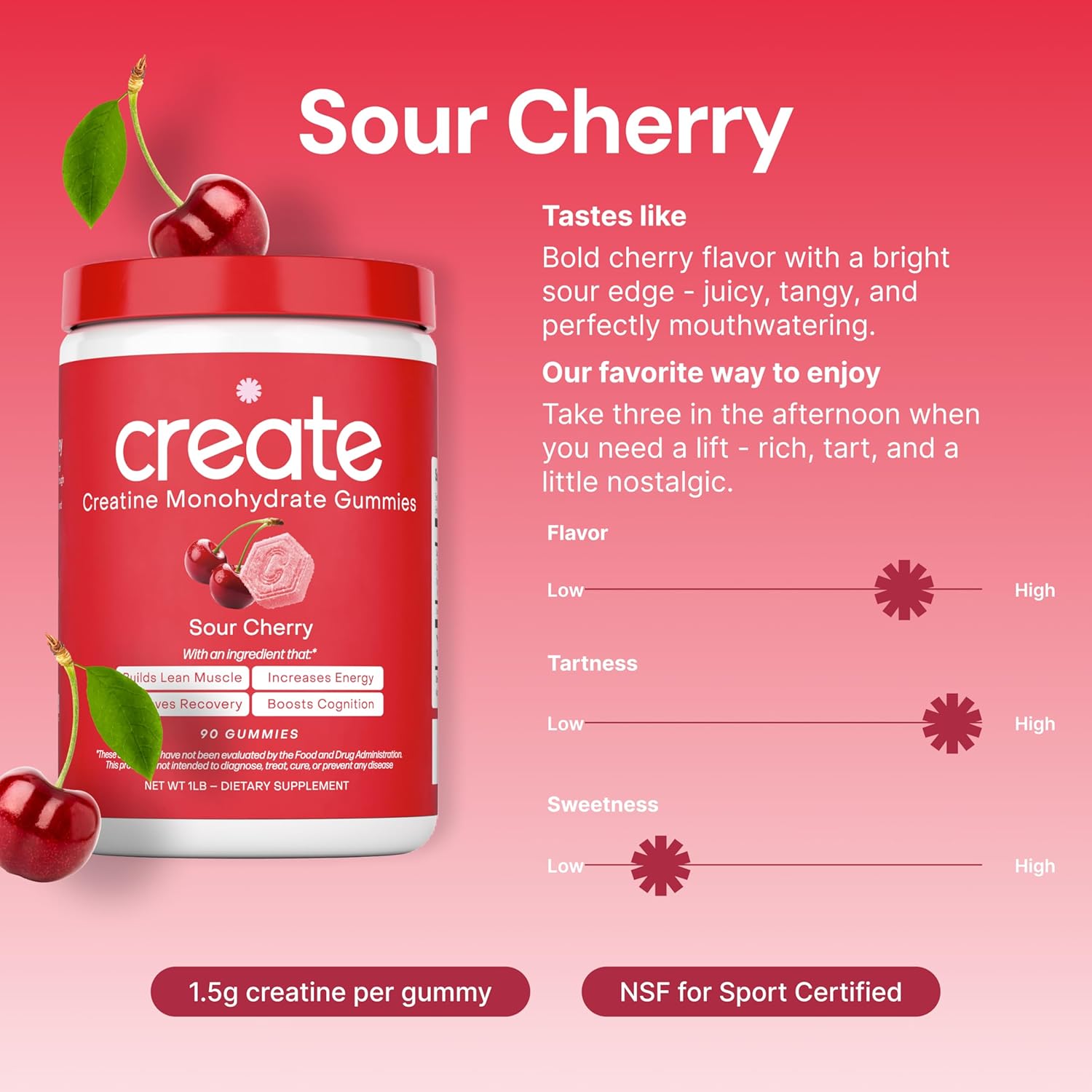 Create Creatine Monohydrate Gummies for Men & Women, (Sour Cherry) 90 Count - Image 4